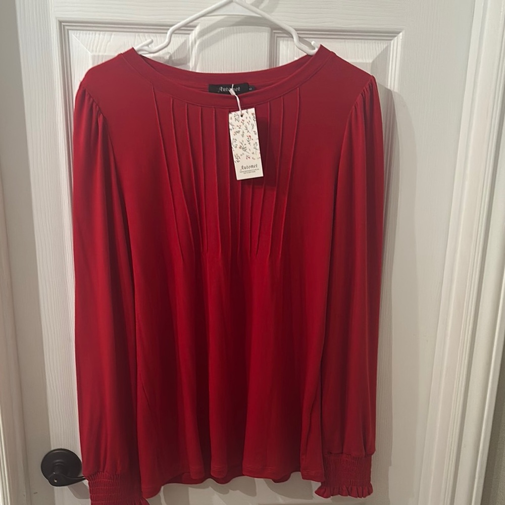 Automet Red Pleated Long Sleeve Blouse